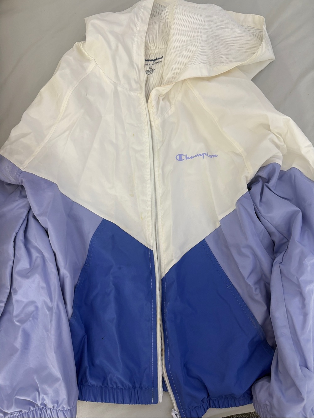 Champion Colorblock Hooded Windbreaker in White, Lavender & Blue